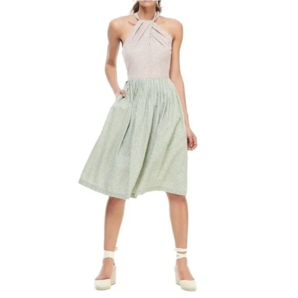 Gal Meets Glam Alma Gingham Halter Midi Dress Green Brown Size 8‎